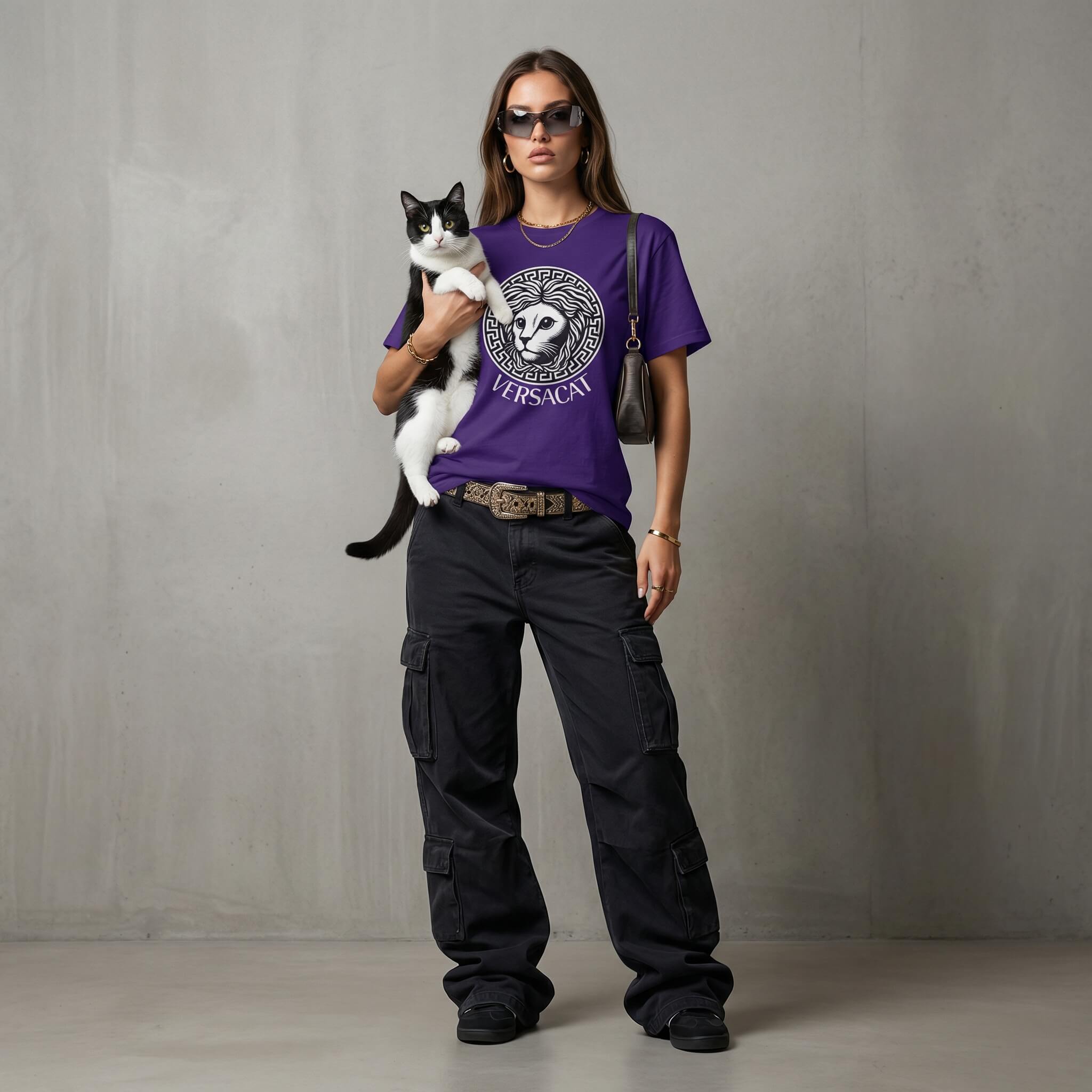 Purple designer parody t shirt for woman, Versacat logo design by Mad Cat Cartel