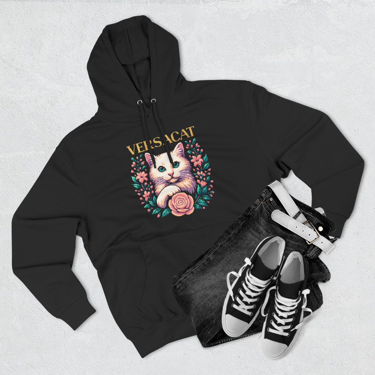 Versacat Pixel Bloom Graphic Hoodie in black, flat lay