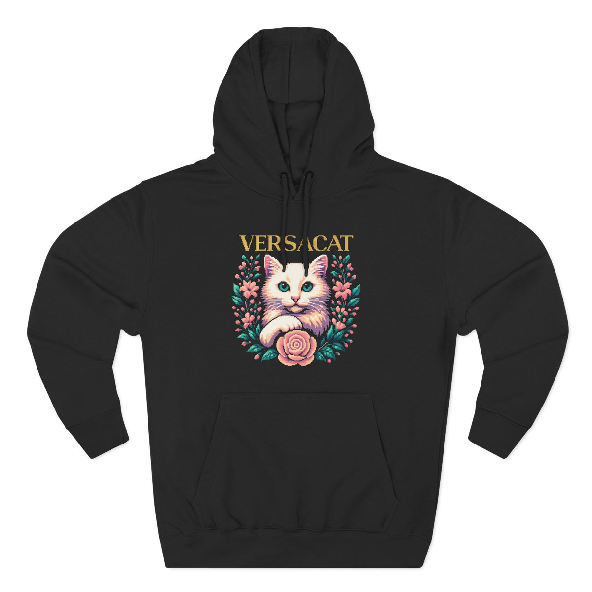 Versacat Pixel Bloom Graphic Hoodie in black, front view