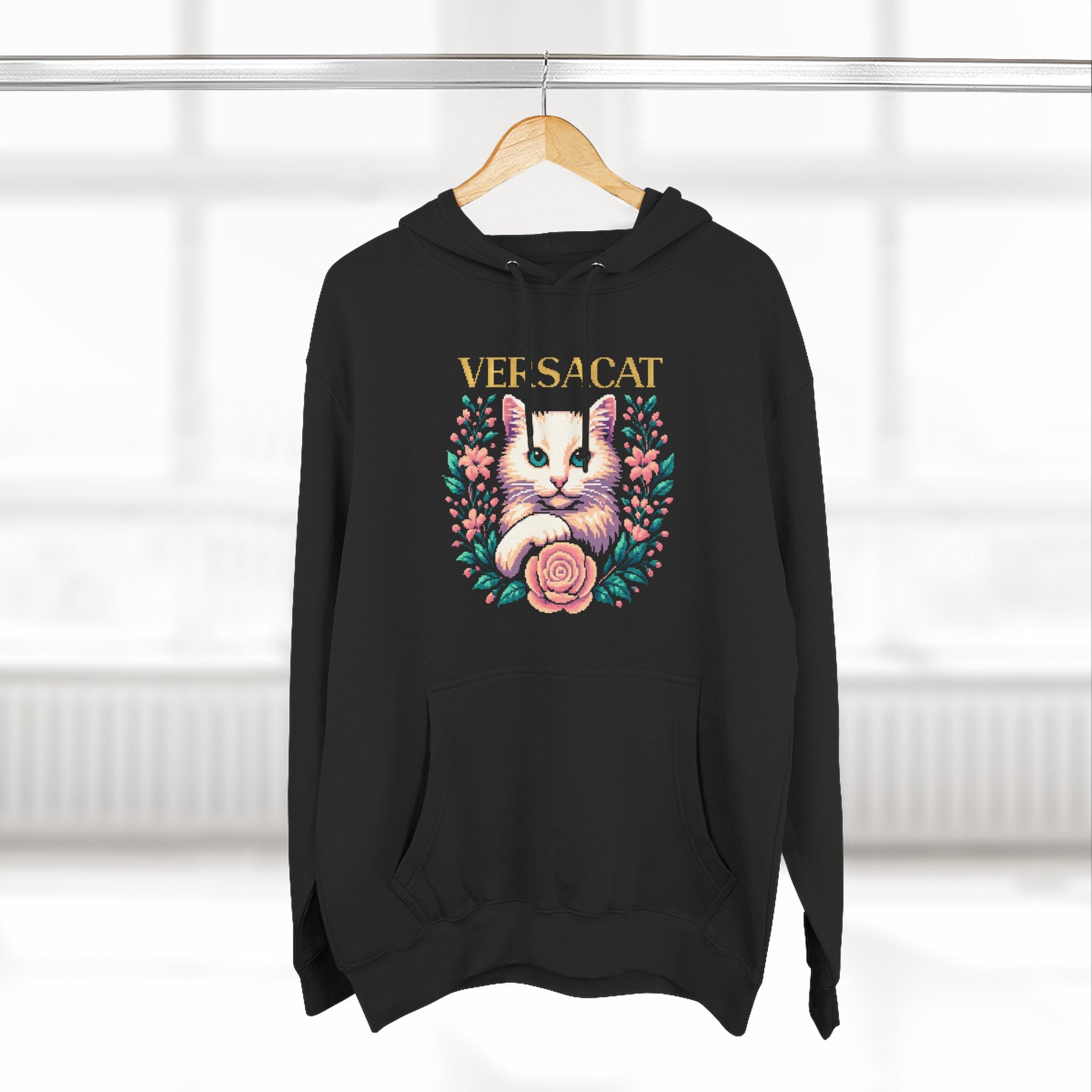 Versacat Pixel Bloom Graphic Hoodie in black, on a hanger