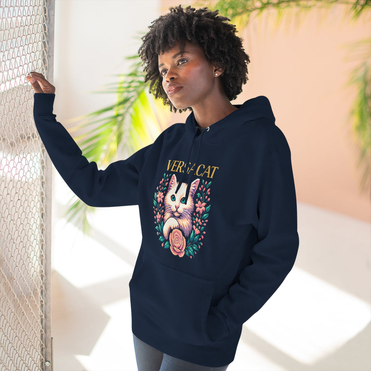 Versacat Pixel Bloom Graphic Hoodie in navy, worn by a female model