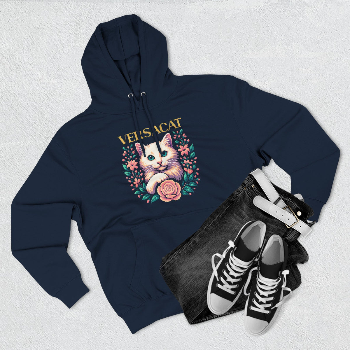 Versacat Pixel Bloom Graphic Hoodie in navy, flat lay
