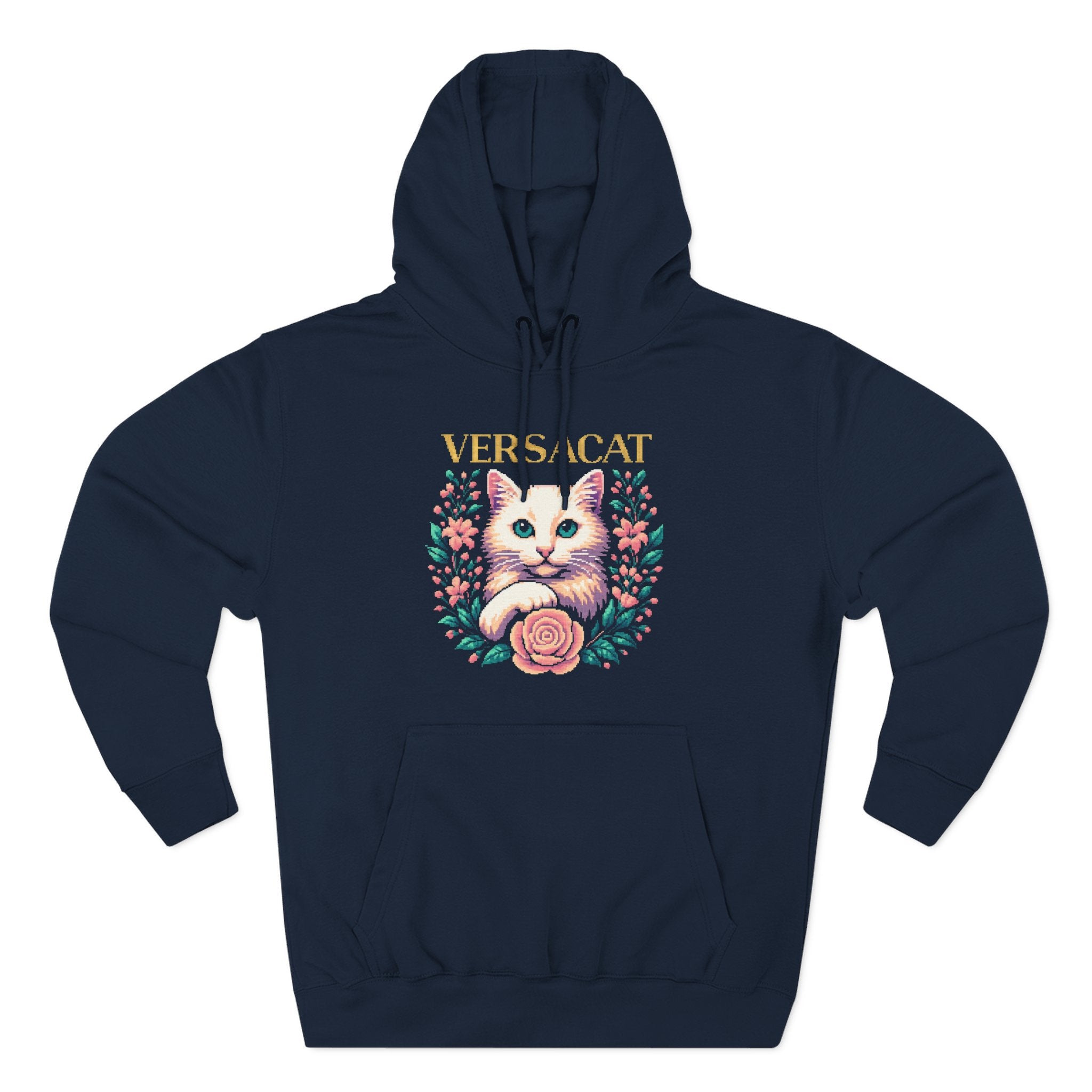 Versacat Pixel Bloom Graphic Hoodie in navy, front view