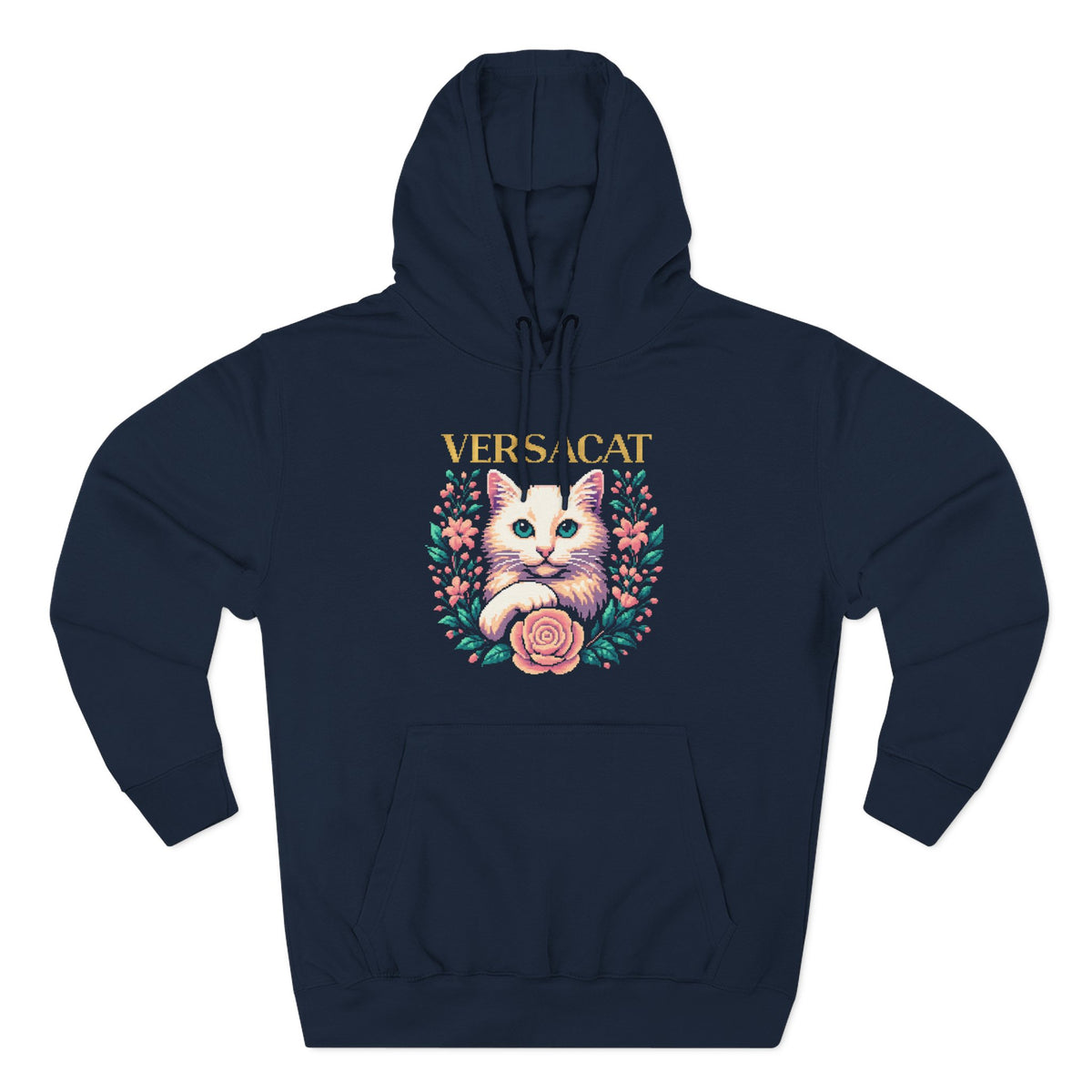 Versacat Pixel Bloom Graphic Hoodie in navy, front view