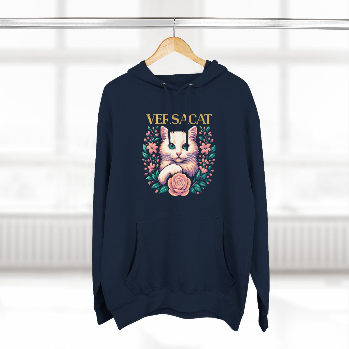 Versacat Pixel Bloom Graphic Hoodie in navy, on a hanger