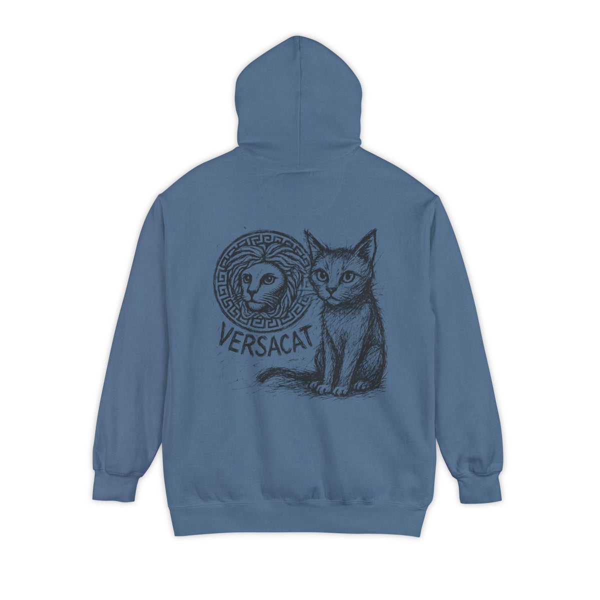 Versacat Sketch Logo Cat Graphic Hoodie in blue jean, back view