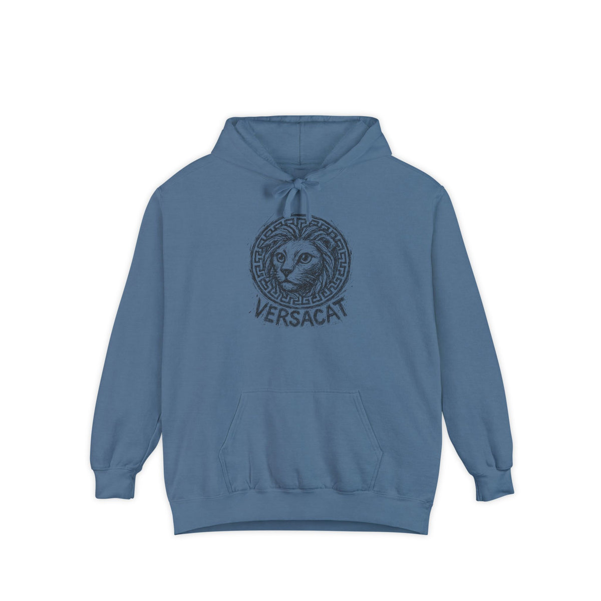 Versacat Sketch Logo Cat Graphic Hoodie in blue jean, front view