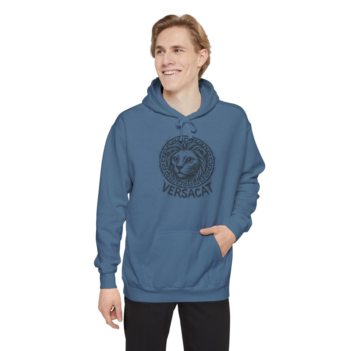 Versacat Sketch Logo Cat Graphic Hoodie in blue jean, worn by a male model