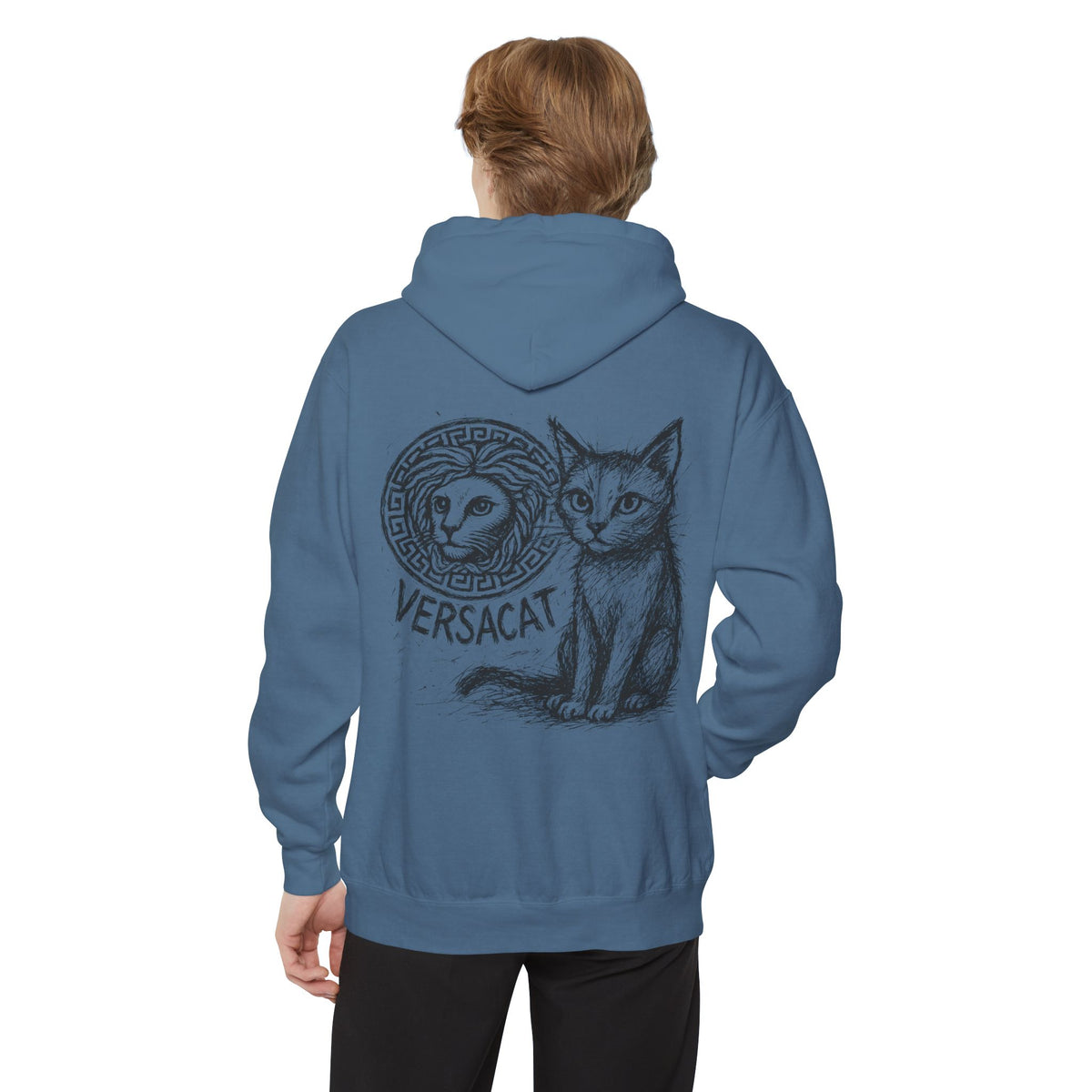 Versacat Sketch Logo Cat Graphic Hoodie in blue jean, back view on a male model
