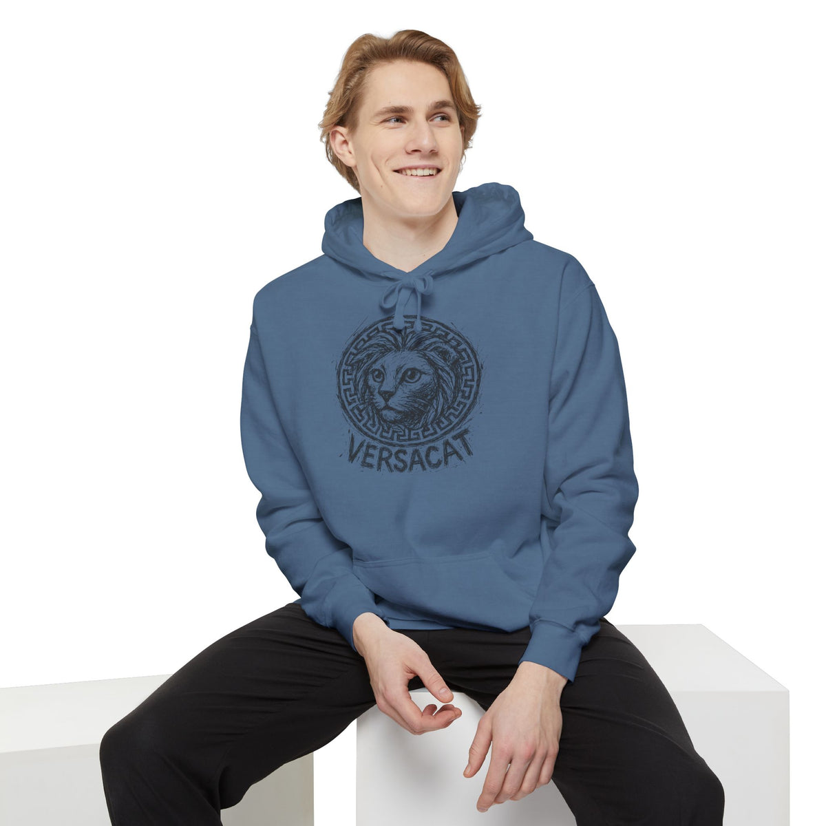 Versacat Sketch Logo Cat Graphic Hoodie in blue jean, worn by a male model