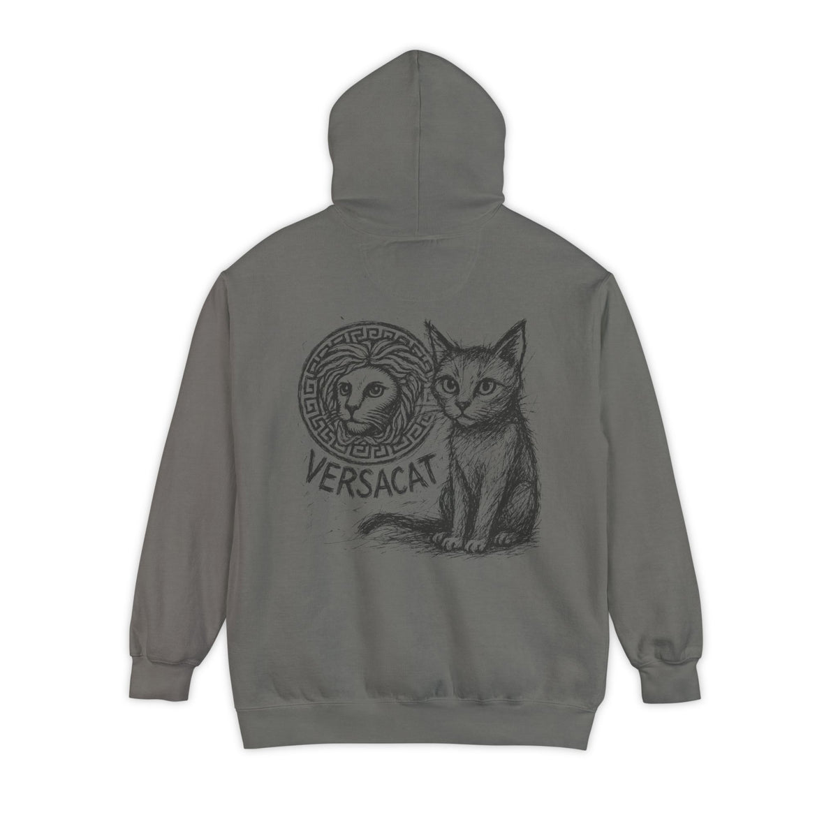 Versacat Sketch Logo Cat Graphic Hoodie in grey, back view