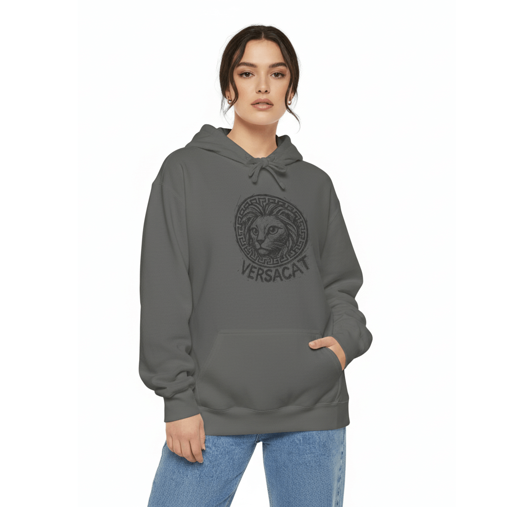 Versacat Sketch Logo Cat Graphic Hoodie in grey, worn by a female model