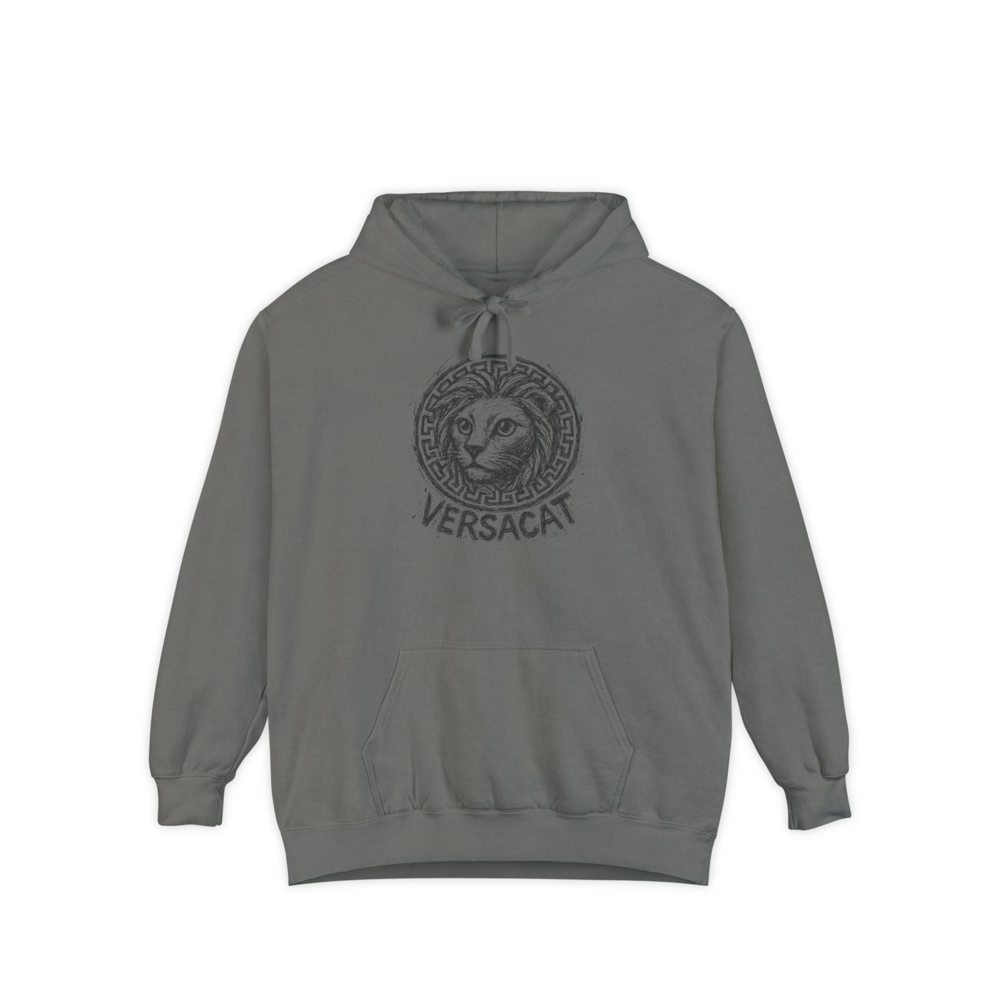 Versacat Sketch Logo Cat Graphic Hoodie in grey, front view