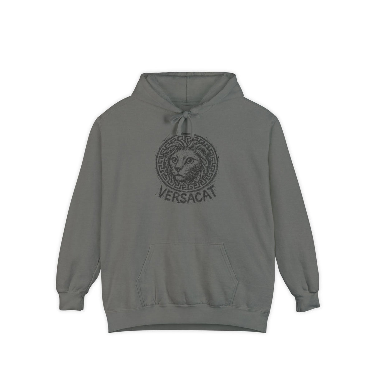 Versacat Sketch Logo Cat Graphic Hoodie in grey, front view