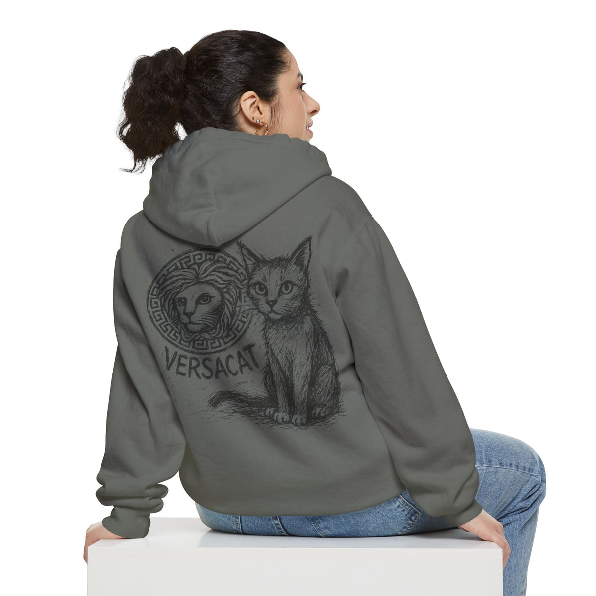 Versacat Sketch Logo Cat Graphic Hoodie in grey, worn by a model