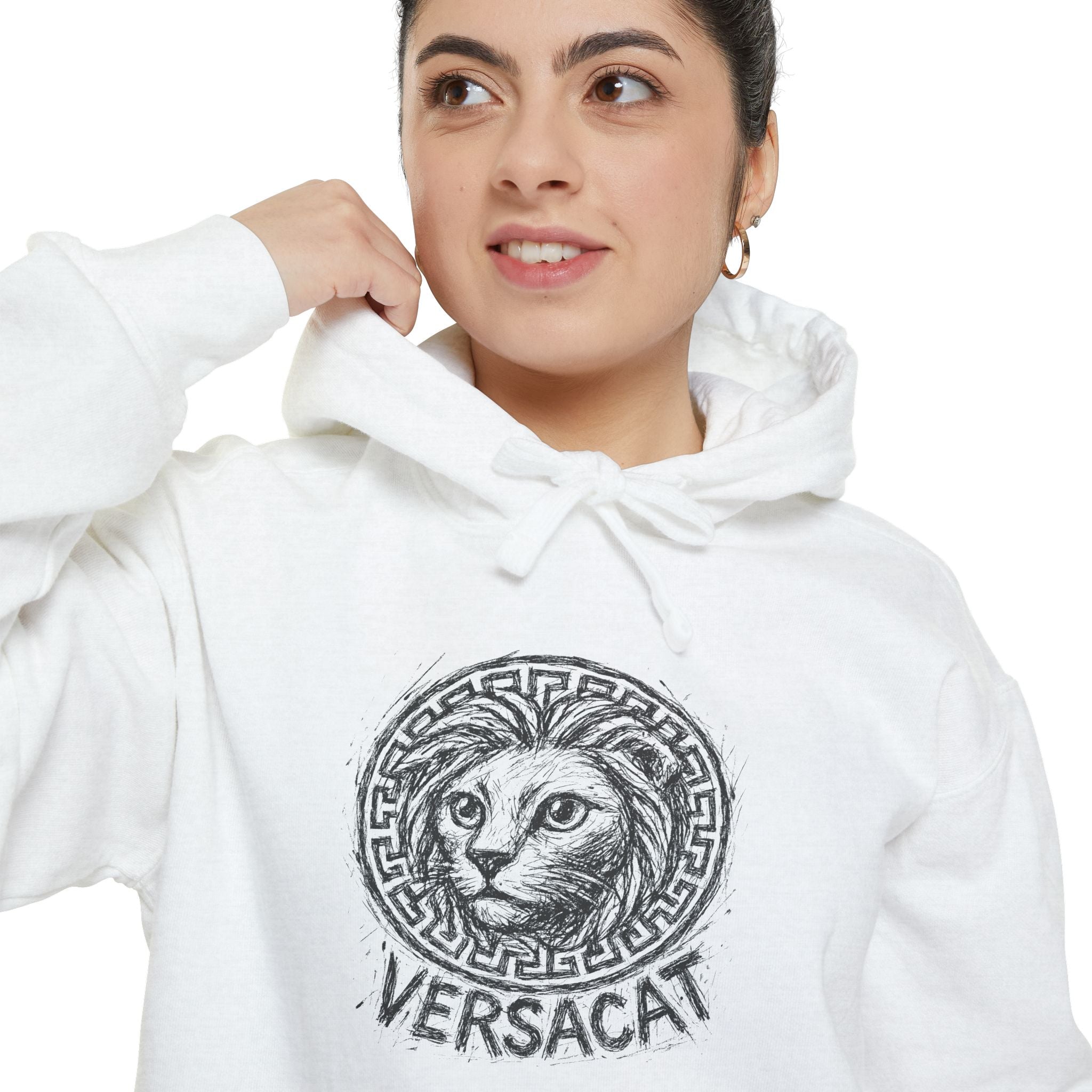 Versacat Sketch Logo Cat Graphic Hoodie in white, worn by a female model