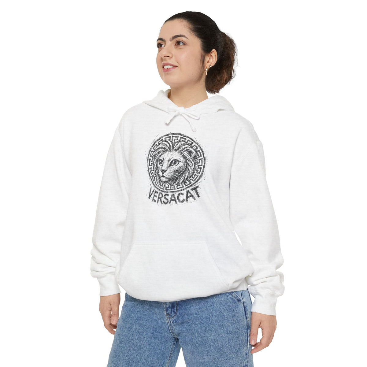 Versacat Sketch Logo Cat Graphic Hoodie in white, worn by a female model