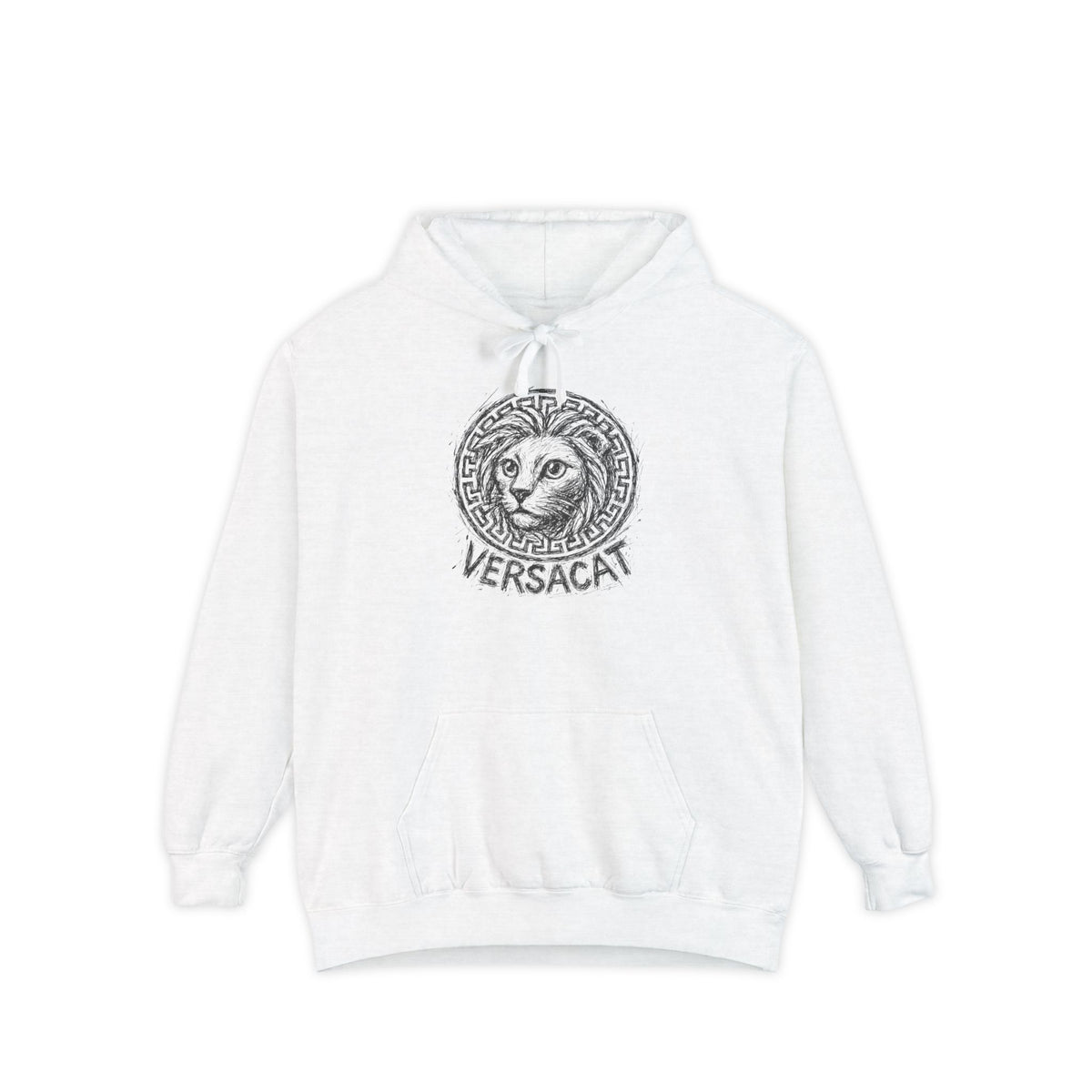 Versacat Sketch Logo Cat Graphic Hoodie in white, front view