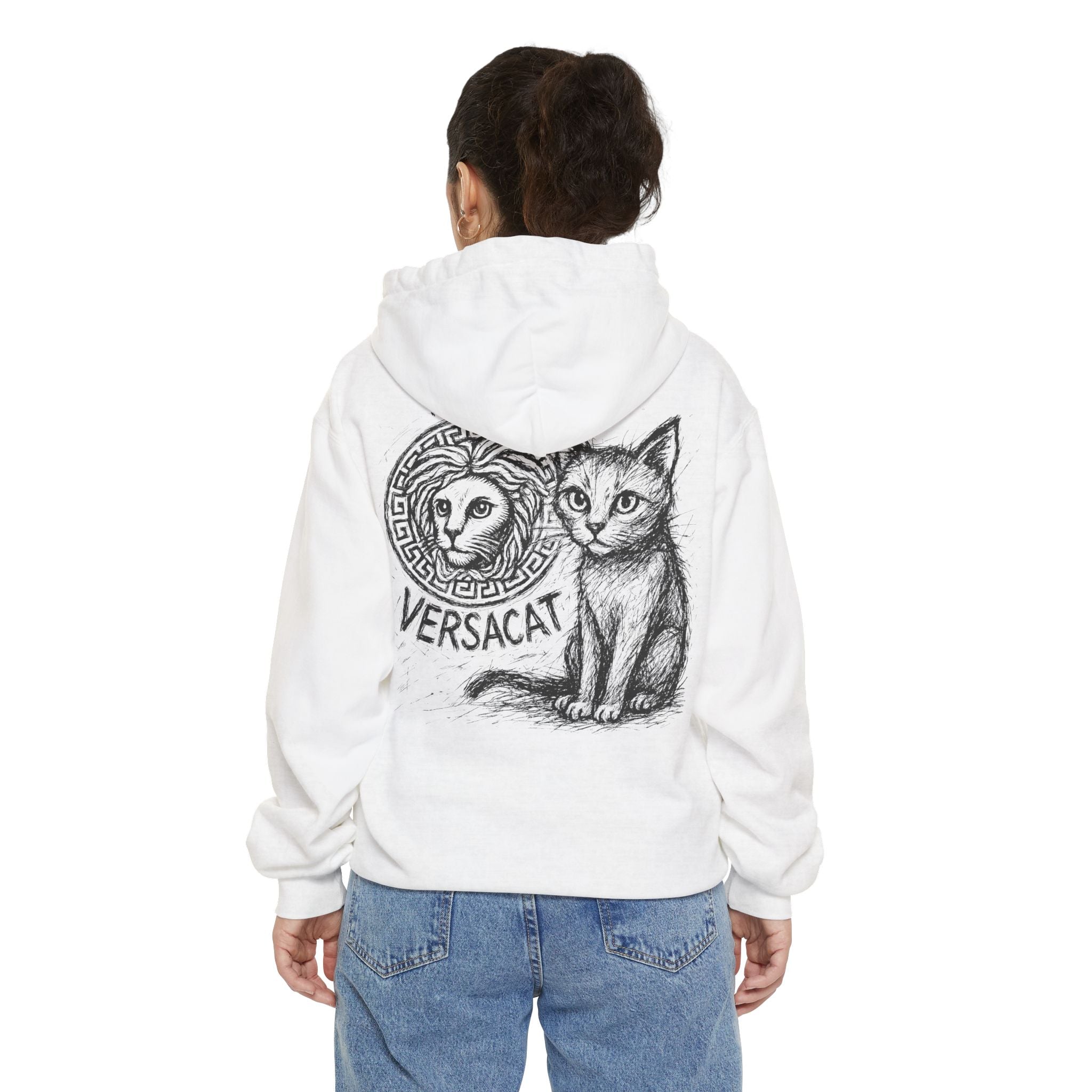 Versacat Sketch Logo Cat Graphic Hoodie in white, back view on a model