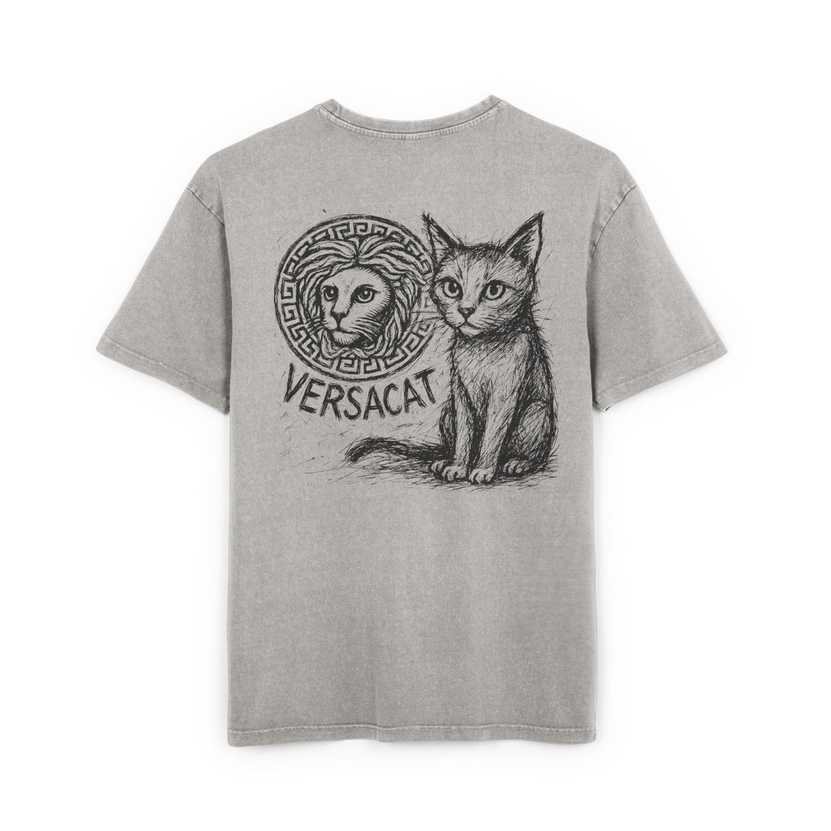 Versacat Sketch Logo Cat Graphic Men's Acid Washed Oversized T-Shirt in asphalt, back view