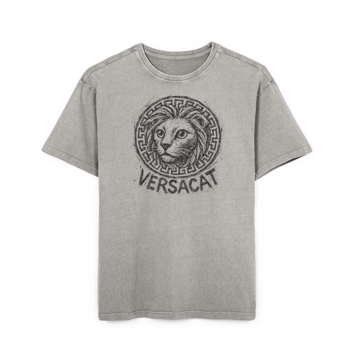 Versacat Sketch Logo Cat Graphic Men's Acid Washed Oversized T-Shirt in asphalt, front view