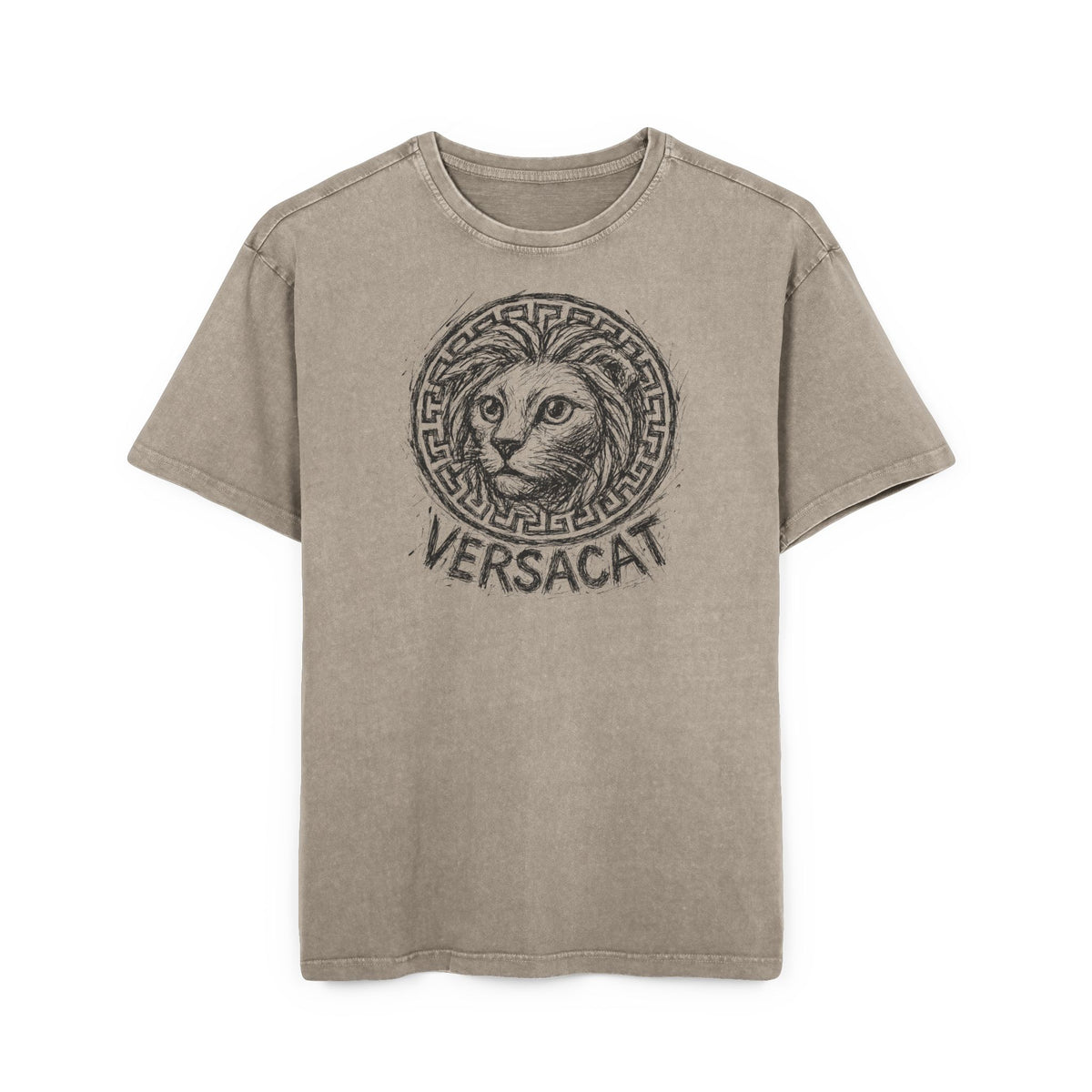 Versacat Sketch Logo Cat Graphic Men's Acid Washed Oversized T-Shirt in dark khaki, front view