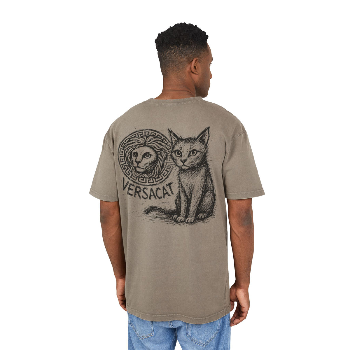 Versacat Sketch Logo Cat Graphic Men's Acid Washed Oversized T-Shirt in dark khaki, back view on a male model