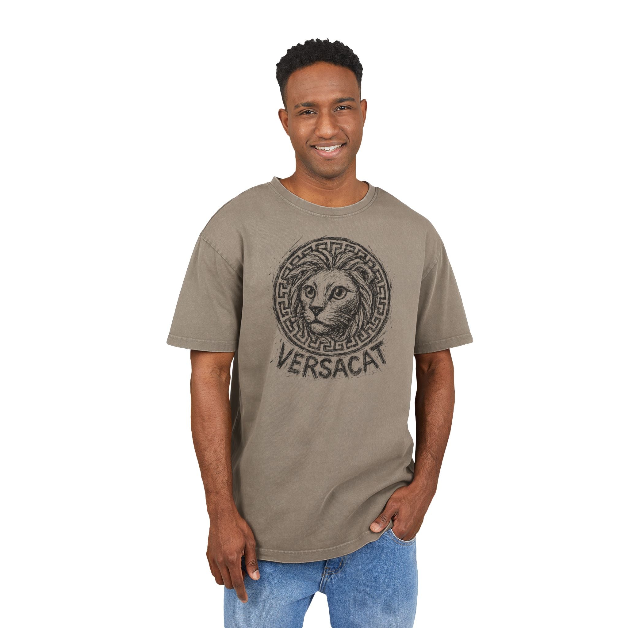 Versacat Sketch Logo Cat Graphic Men's Acid Washed Oversized T-Shirt in dark khaki, worn by a model