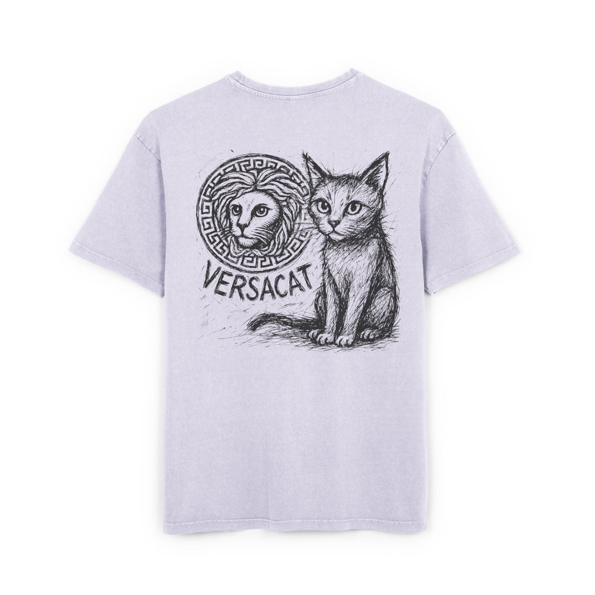 Versacat Sketch Logo Cat Graphic Men's Acid Washed Oversized T-Shirt in soft lilac, back view