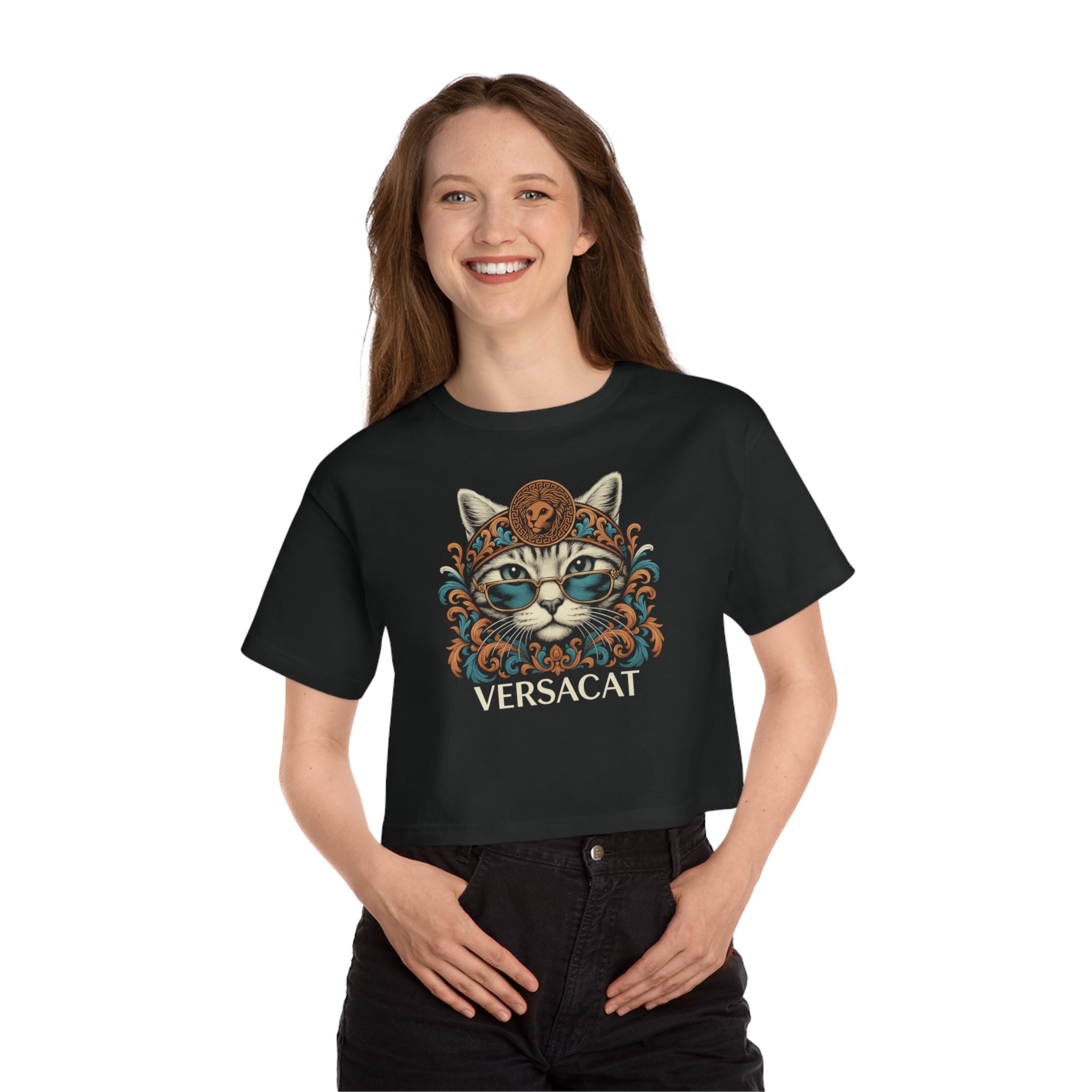 Versacat Baroque Bloom Graphic Black Crop Top, worn by a female model