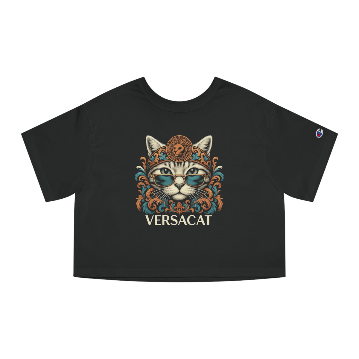 Versacat x Champion Baroque Bloom Graphic Black Crop Top, front view