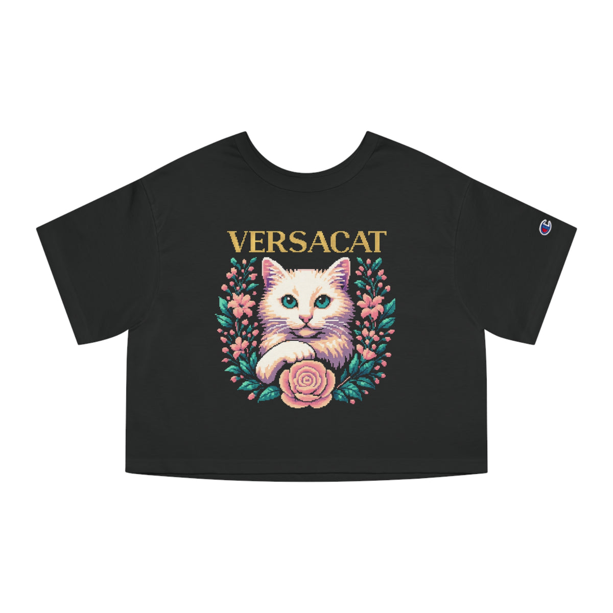 Versacat x Champion Pixel Bloom Women's Black Crop Top, front view