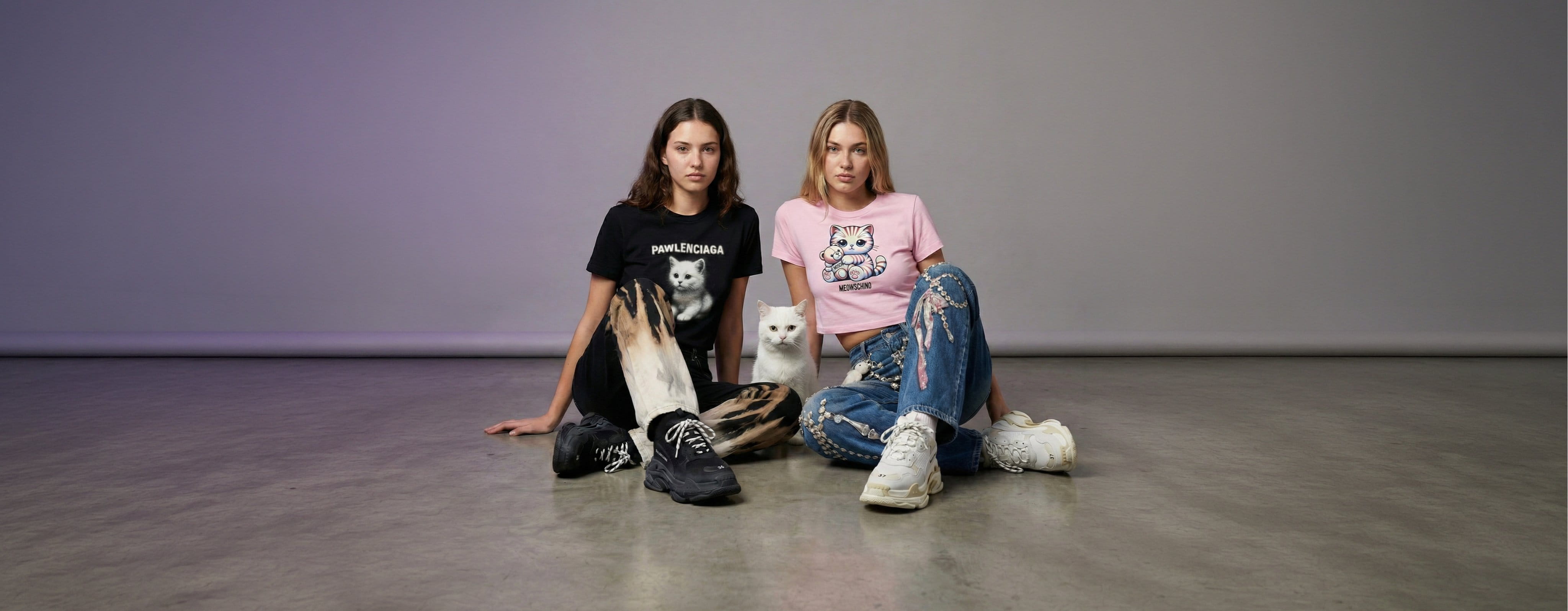 two women wearing Mad Cat Cartel cat-themed clothing for women, with a black Pawlenciaga graphic t shirt and a pink Meowschino baby tee beside a white cat, desktop banner image