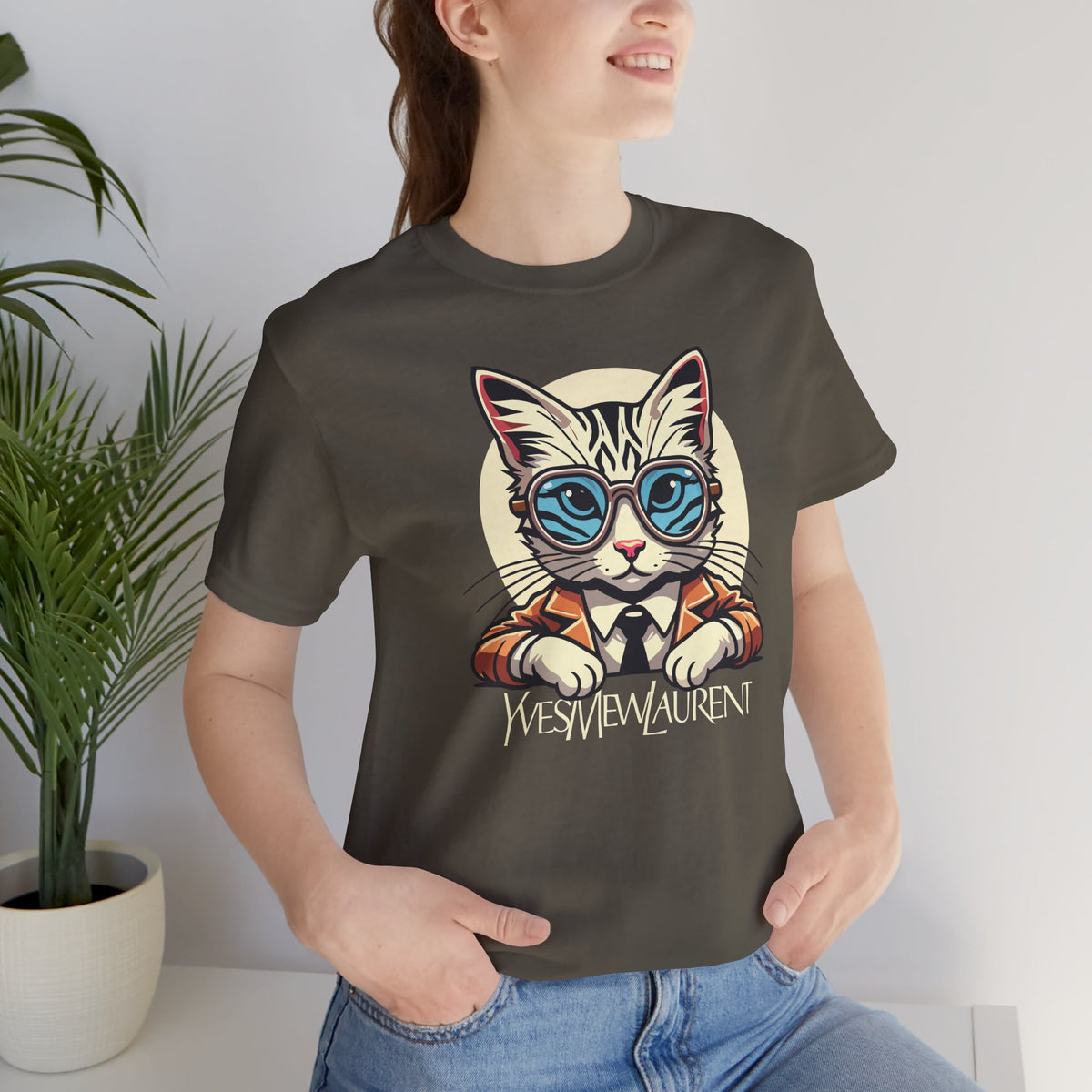 Yves Mew Laurent Cat Boss Tiger Pattern Graphic T-Shirt in army, worn by a female model