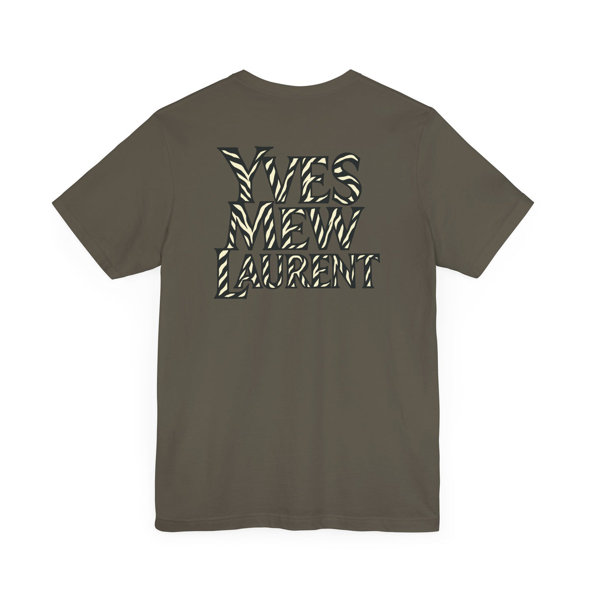 Yves Mew Laurent Cat Boss Tiger Pattern Graphic T-Shirt in army, flat lay, back