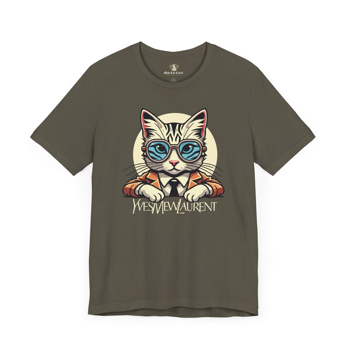 Yves Mew Laurent Cat Boss Tiger Pattern Graphic T-Shirt in army, flat lay