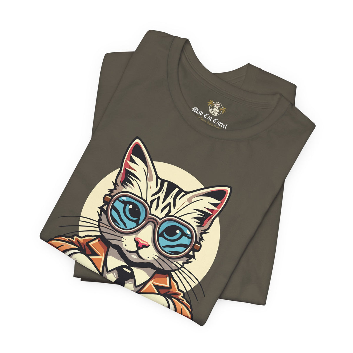 Yves Mew Laurent Cat Boss Tiger Pattern Graphic T-Shirt in army, folded