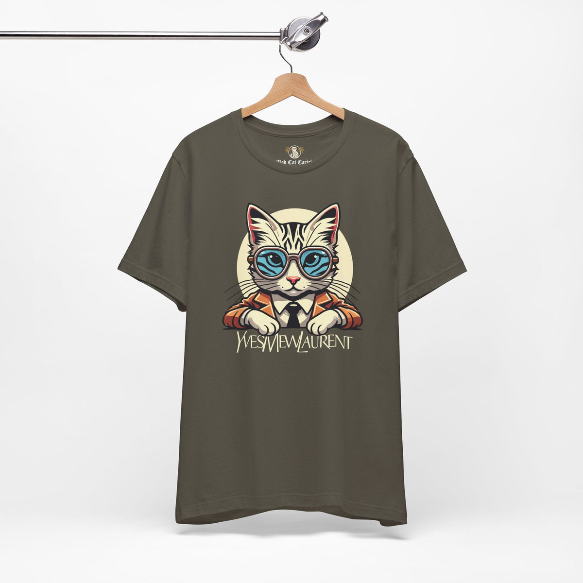 Yves Mew Laurent Cat Boss Tiger Pattern Graphic T-Shirt in army, on a hanger