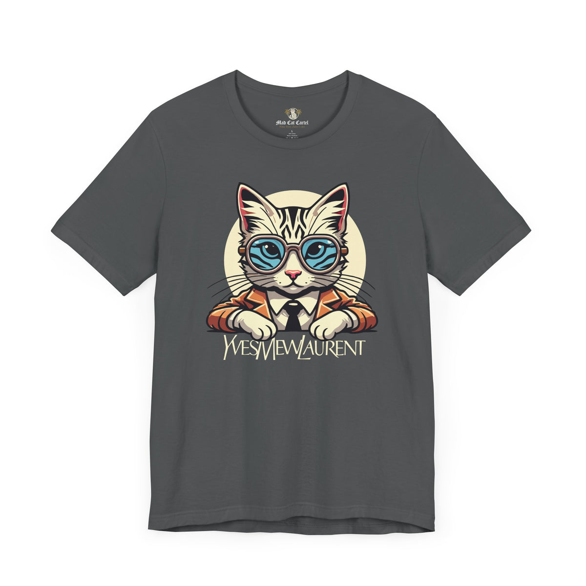 Yves Mew Laurent Cat Boss Tiger Pattern Graphic T-Shirt in asphalt, flat lay