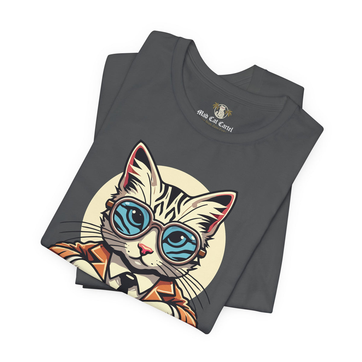 Yves Mew Laurent Cat Boss Tiger Pattern Graphic T-Shirt in asphalt, folded