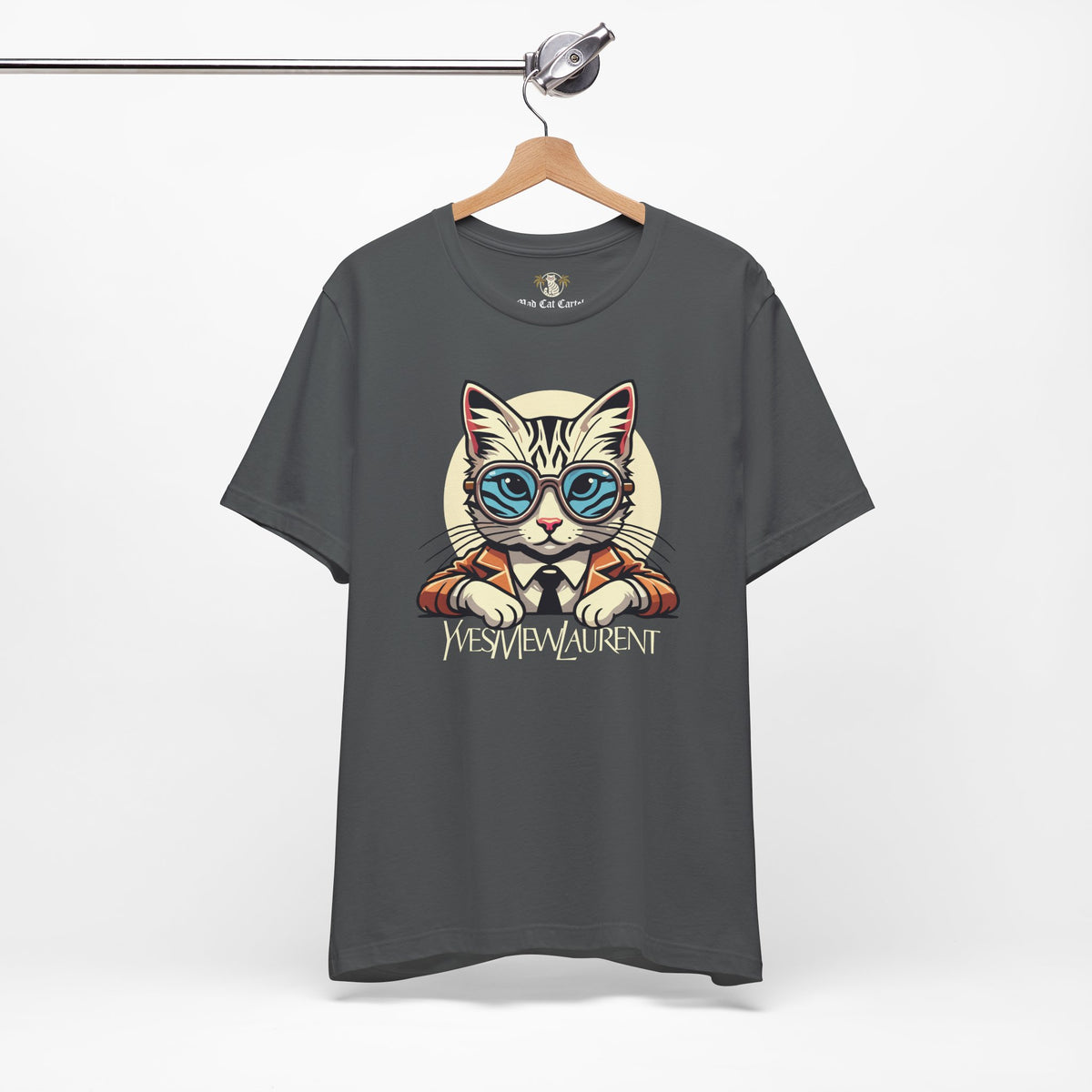 Yves Mew Laurent Cat Boss Tiger Pattern Graphic T-Shirt in asphalt, on a hanger