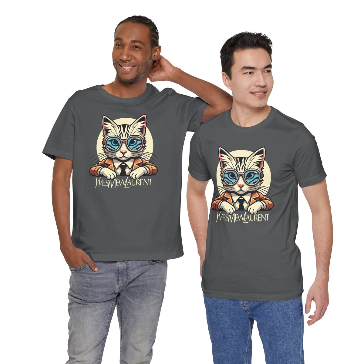 Yves Mew Laurent Cat Boss Tiger Pattern Graphic T-Shirt in asphalt, worn by two models