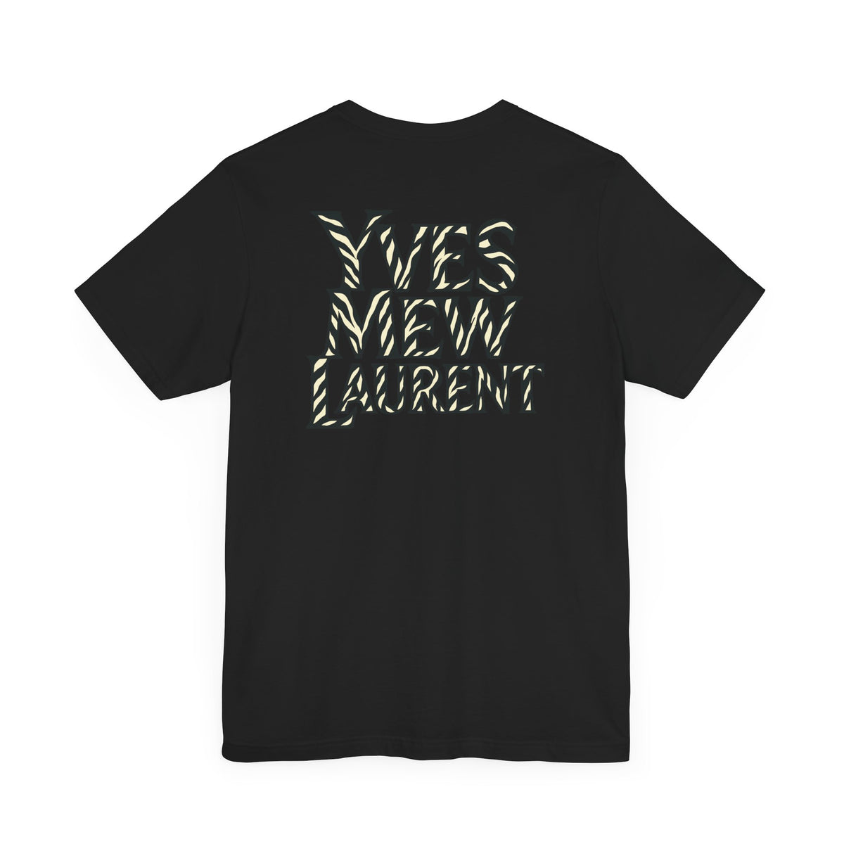 Yves Mew Laurent Cat Boss Tiger Pattern Graphic T-Shirt in black, flat lay, back