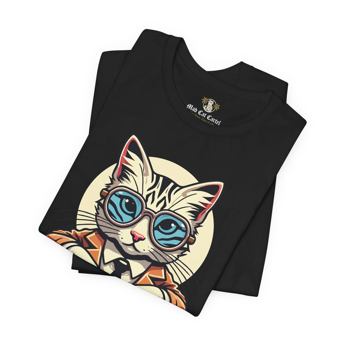 Yves Mew Laurent Cat Boss Tiger Pattern Graphic T-Shirt in black, folded