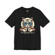 Yves Mew Laurent Cat Boss Tiger Pattern Graphic T-Shirt in black, front view