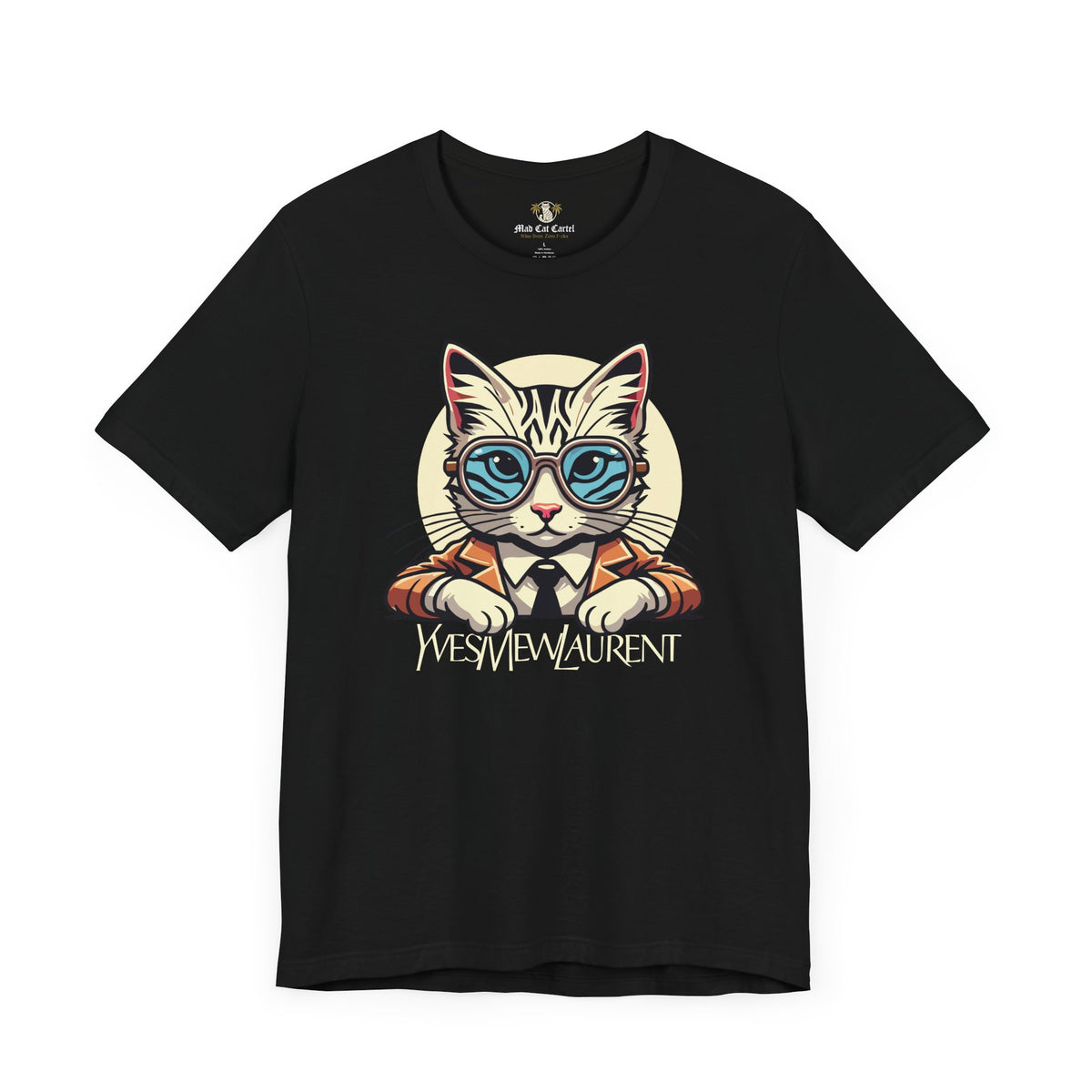 Yves Mew Laurent Cat Boss Tiger Pattern Graphic T-Shirt in black, front view