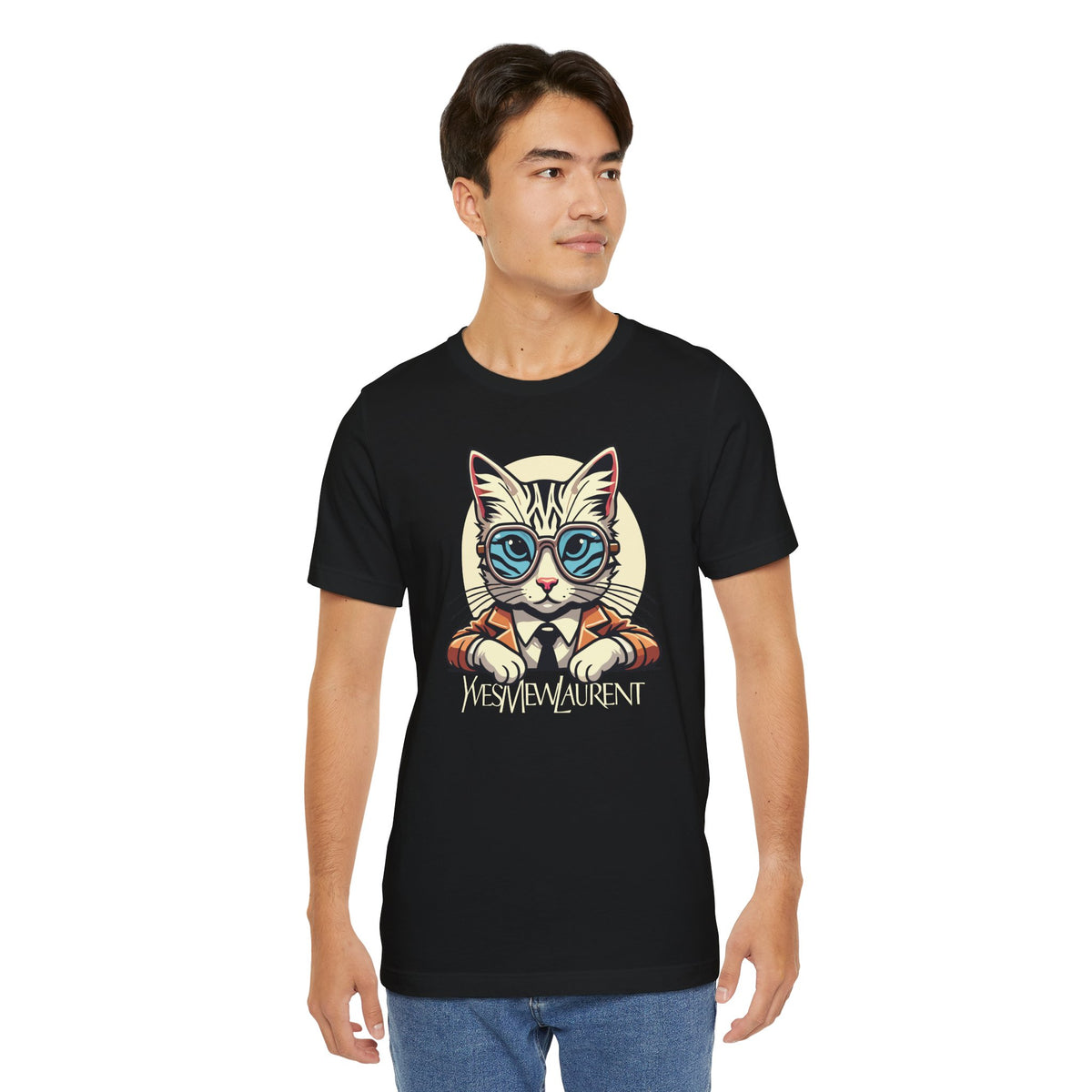 Yves Mew Laurent Cat Boss Tiger Pattern Graphic T-Shirt in black, worn by a male model