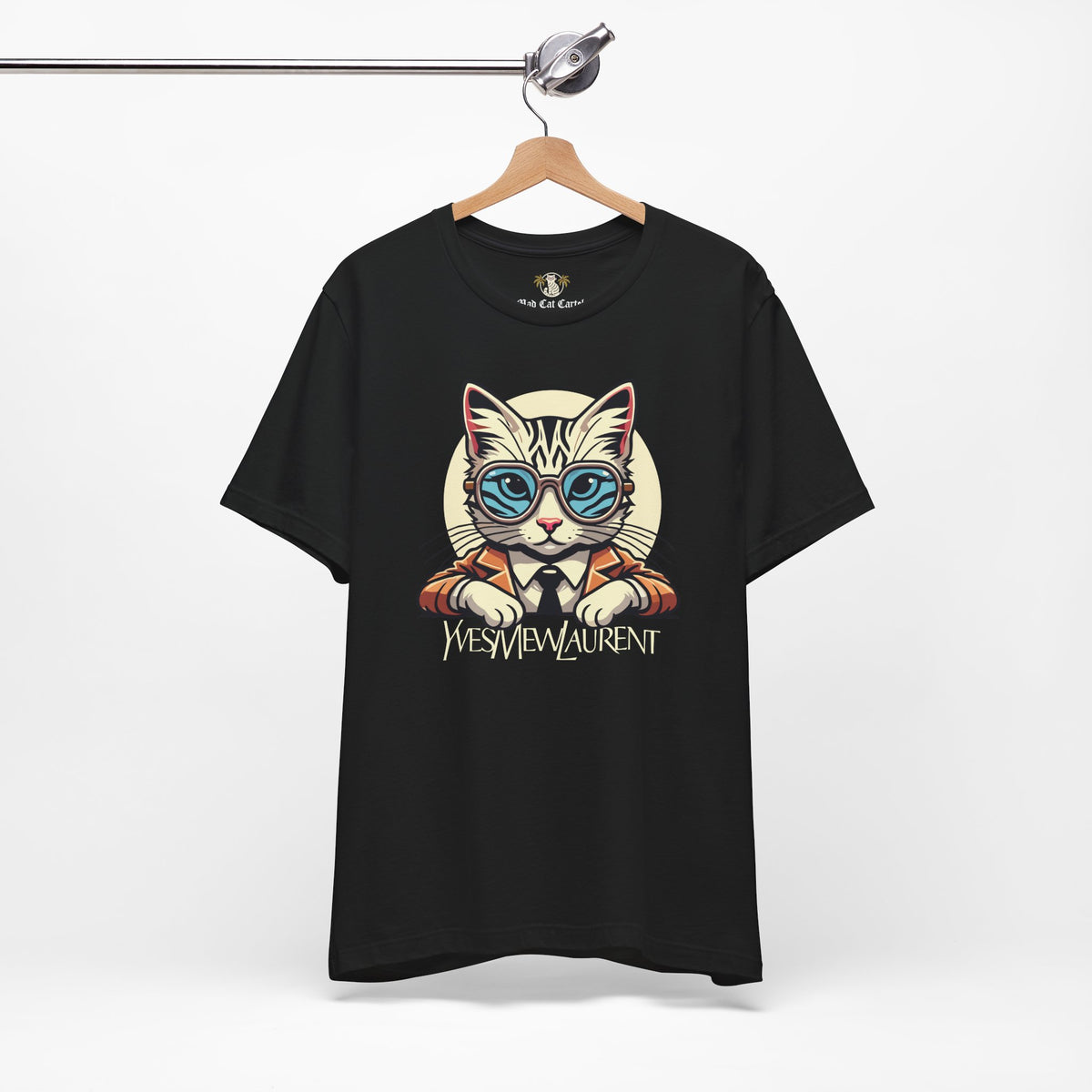 Yves Mew Laurent Cat Boss Tiger Pattern Graphic T-Shirt in black, on a hanger