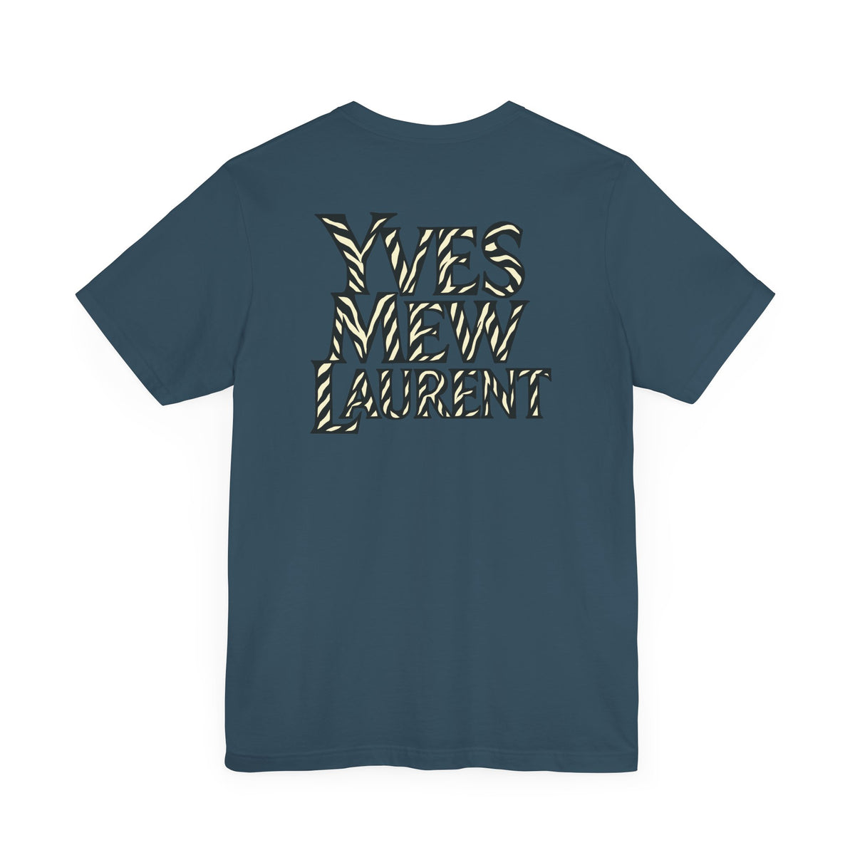 Yves Mew Laurent Cat Boss Tiger Pattern Graphic T-Shirt in deep teal, back view