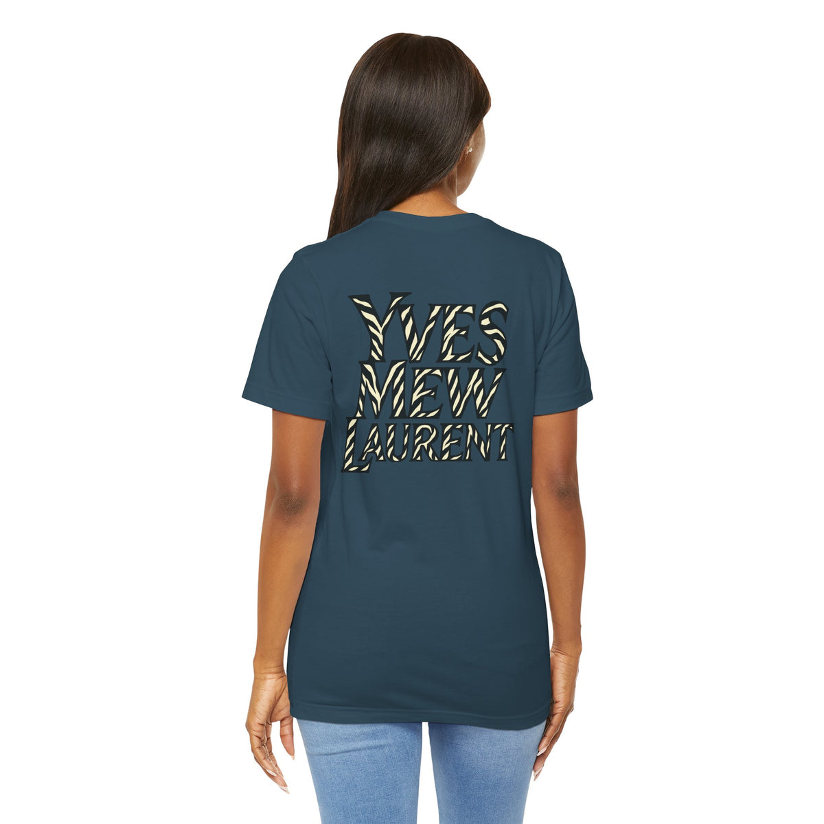 Yves Mew Laurent Cat Boss Tiger Pattern Graphic T-Shirt in deep teal, back view on a female model